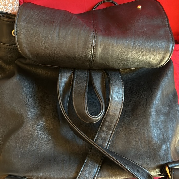 HYNES VICTORY Black Faux Leather Drawstring Backpack - 12" x 13" - Picture 5 of 12